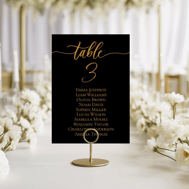 Tarjetas de Mesa de Boda de Oro Negro Moderno Plan (Modern Black Gold Wedding Table Cards Seating Plan)