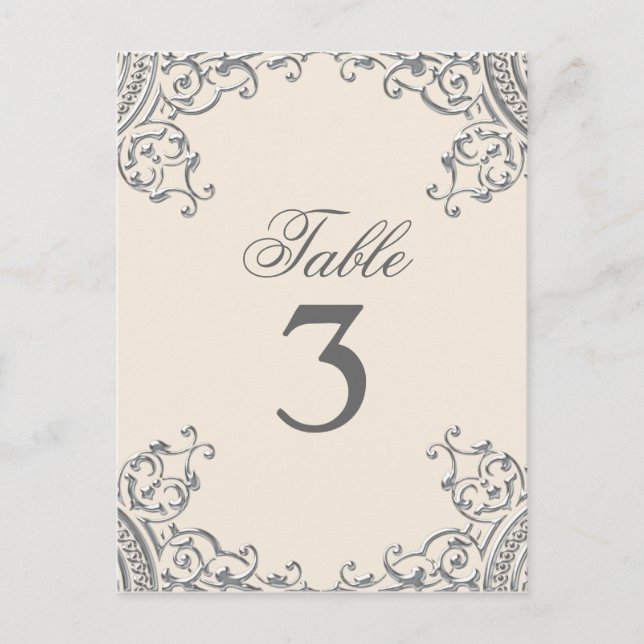 Tarjetas de mesa de boda elegantes en plata y beig (Anverso)