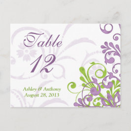 Tarjetas de mesa de Boda morado verde blanco flora