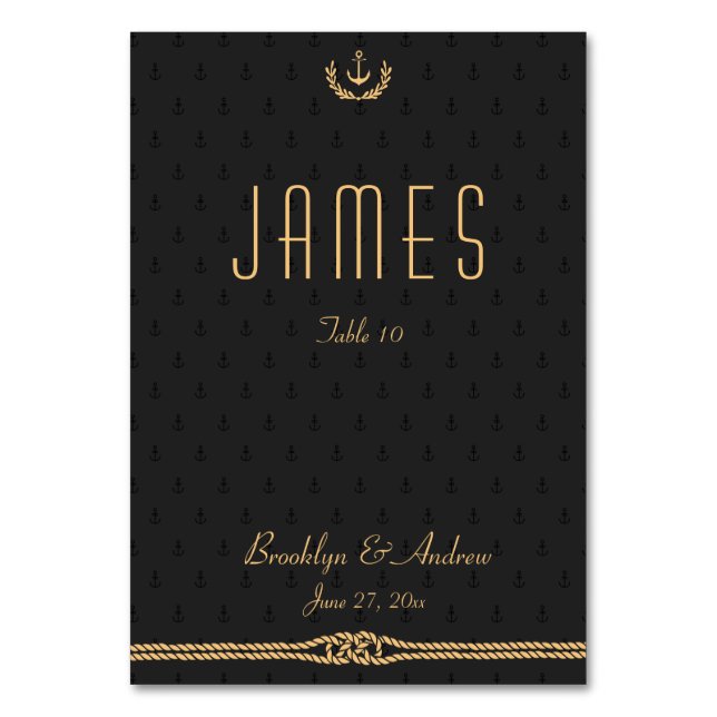 Tarjetas de mesa de Boda náutico negro y dorado (Anverso)