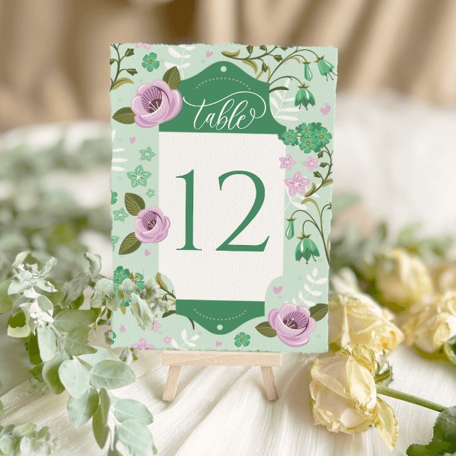 Tarjetas de mesa de boda Plan de Asientos Floral V (Green Art Deco Floral Wedding Table Cards Seating)