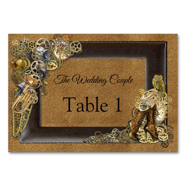 Tarjetas de mesa de boda Steampunk en cuero sintét (Anverso)