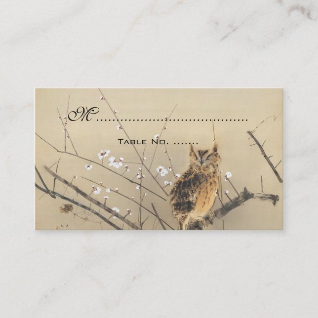 Tarjetas de mesa de bodas antiguas, búho japonés (Anverso)