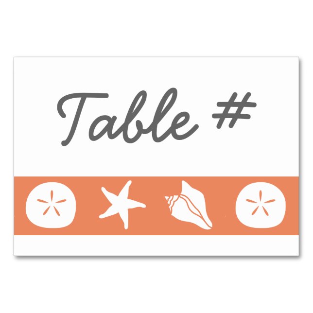 Tarjetas de mesa de conchas de verano en coral (Anverso)