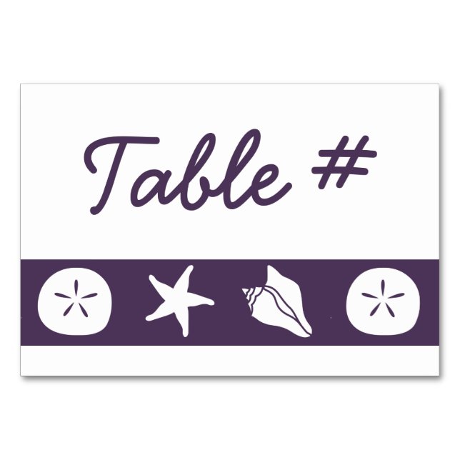 Tarjetas de mesa de conchas de verano en morado (Anverso)
