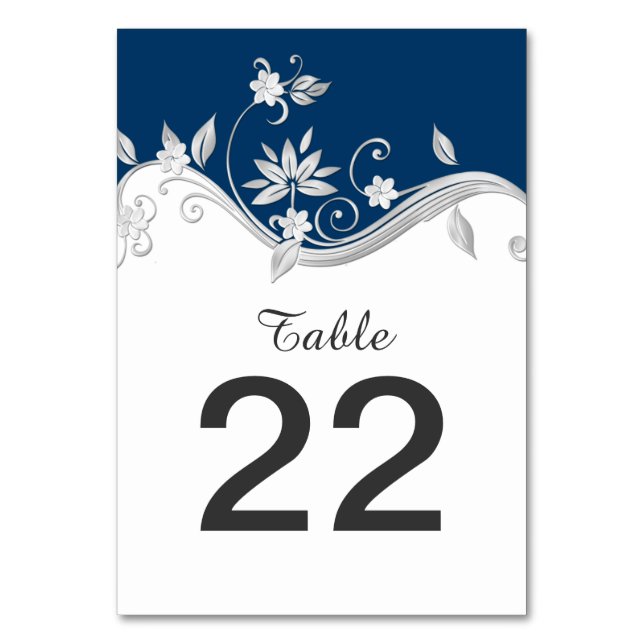 Tarjetas de mesa de flores blancas de plata azul d (Anverso)