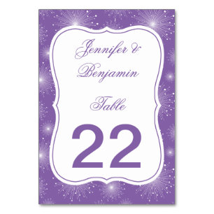 Tarjetas de mesa de inicio violetas blancas con rá