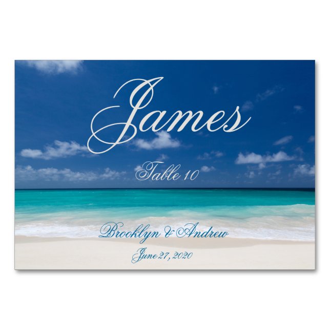 Tarjetas de mesa de las tarjetas Blue Beach Weddin (Anverso)