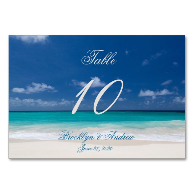 Tarjetas de mesa de las tarjetas Blue Beach Weddin (Anverso)