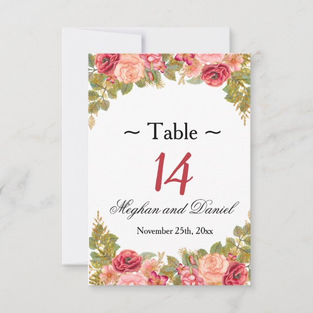 Tarjetas de mesa de recepción con rosas en acuarel (Anverso)