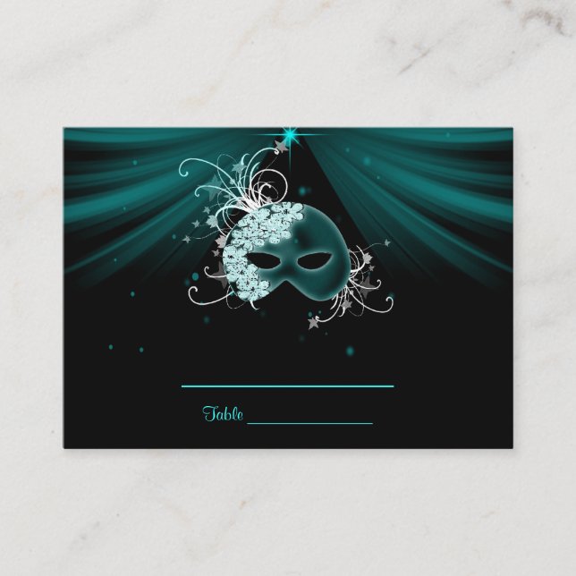 Tarjetas de mesa Fiesta de mascarada azul verde az (Anverso)