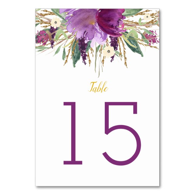 Tarjetas de mesa floral Purpurina de oro púrpura A (Anverso)