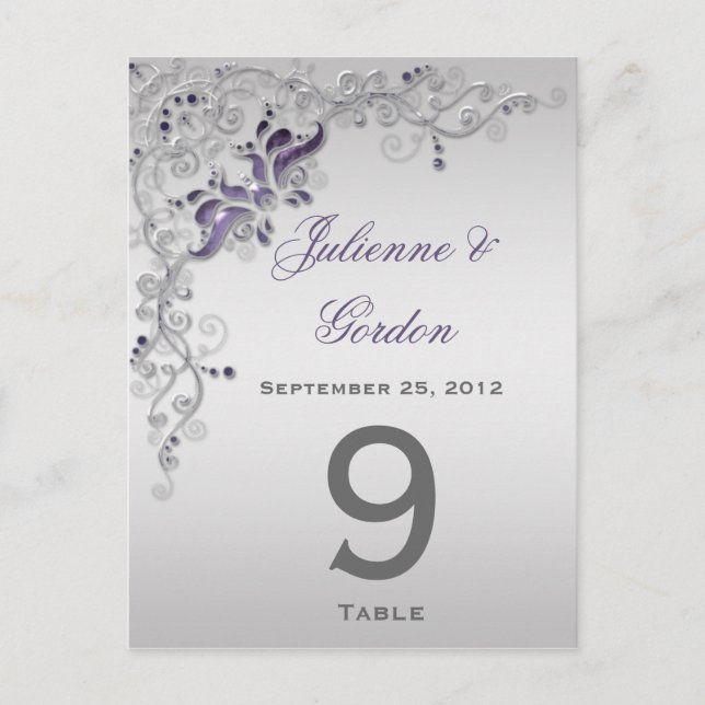 Tarjetas de mesa Ornate Morple Silver Floral Swirl (Anverso)