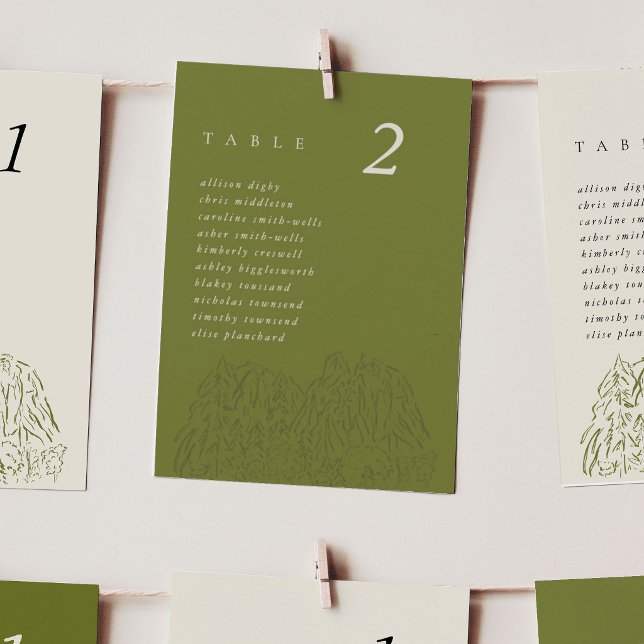 Tarjetas de mesa para boda en el Parque Nacional Y (Earthy Moss Green Yosemite National Park Mountain Range 5x7" Seating Chart Wedding Table Cards)