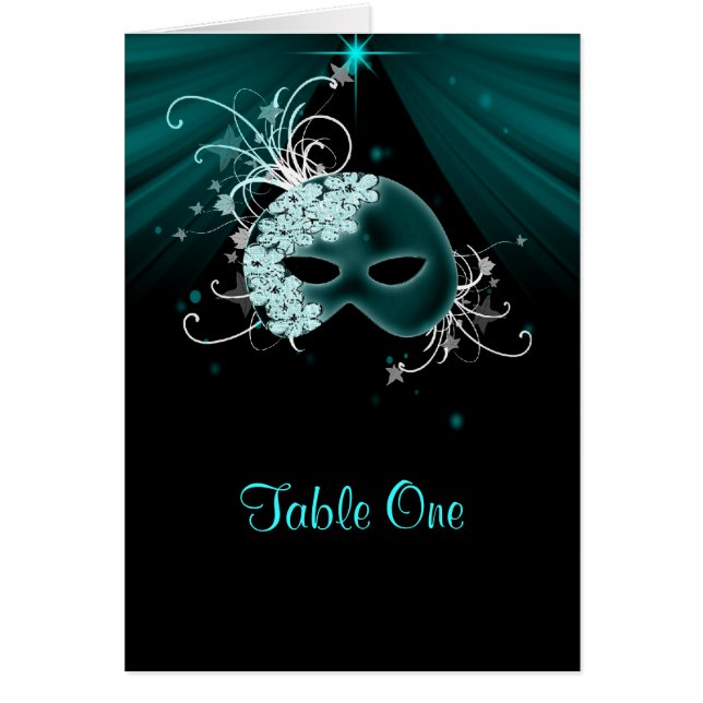 Tarjetas de mesa para fiesta de disfraz azul turqu (Frente)