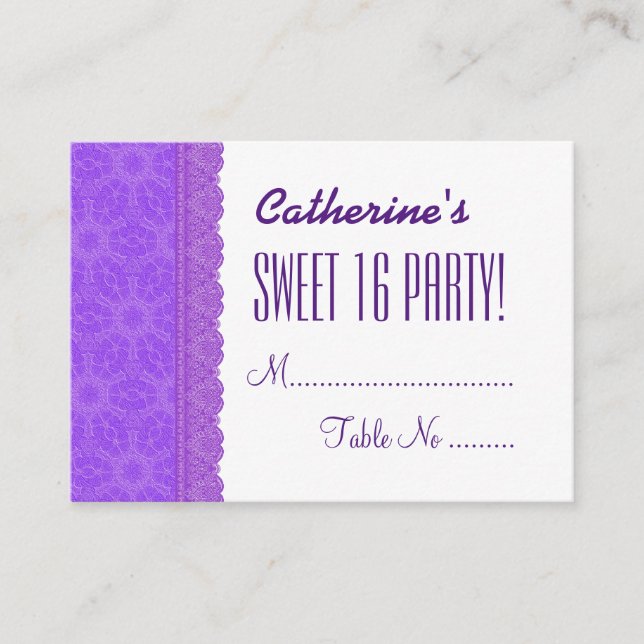 Tarjetas de mesa púrpura V03E DULCE 16 CUMPLEAÑOS (Anverso)