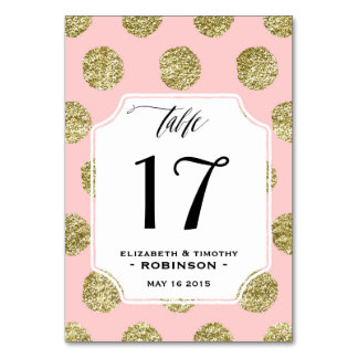 Tarjetas de mesa rosada de dot de la Polka dorada