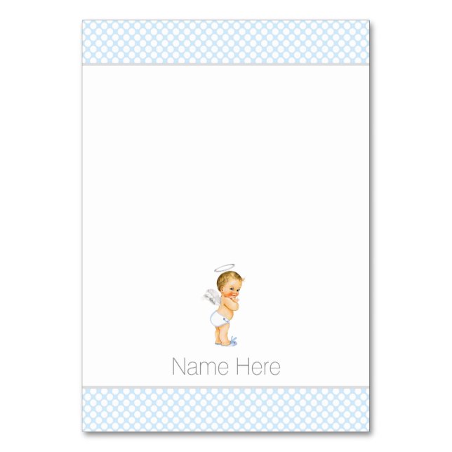 Tarjetas de mesa tentadas Baby Blue Bautizo (Anverso)
