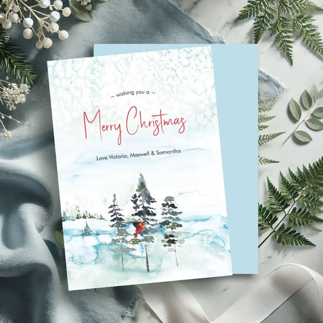Tarjetas de Navidad acuático no fotográfico (Christmas cards watercolor pine trees and red cardinal snowy country scene)