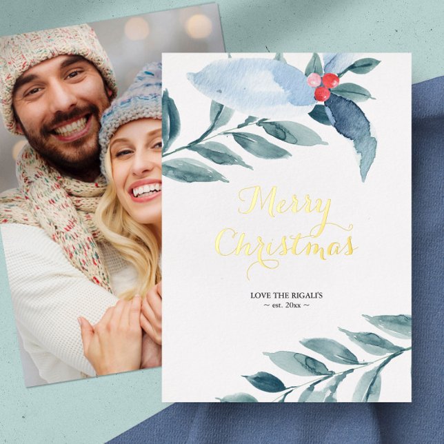 Tarjetas de Navidad Alegres Fotos de País Azul (Flat Christmas card photo botanical watercolor blue)