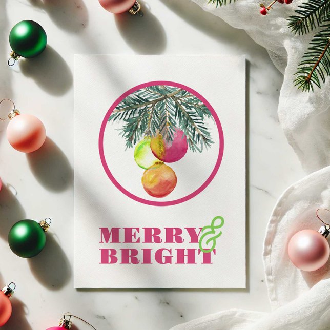 Tarjetas de Navidad color agua rosa (Merry and Bright Christmas cards features watercolor pink bauble art by Victoria Grigaliunas )