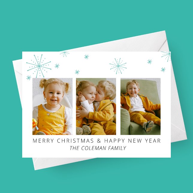 Tarjetas de Navidad con Copos de Nieve Modernos 3  (Stylish Modern Snowflakes 3 Photo Family Christmas Card | Holiday Photo Card)