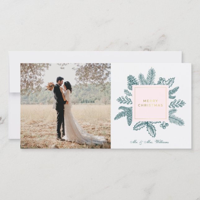 Tarjetas de Navidad con Foto de Floral Turquesa |  (Anverso)