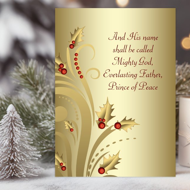 Tarjetas de Navidad Cristianas de Oro Rojo (Christian Christmas card with elegant gold holly swirl and scriptures.)