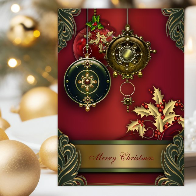 Tarjetas de Navidad cristianas rojas (Christian Christmas card with beautiful ornaments, holly, and scripture verses.)