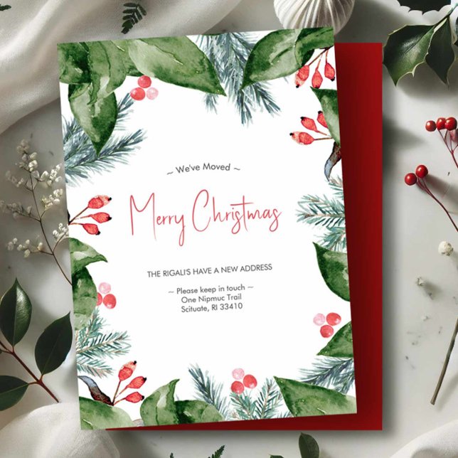 Tarjetas de Navidad de acuarela botánica en movimi (New address moving announcements Christmas botanical art by Victoria Grigaliunas of Do Tell A Belle)