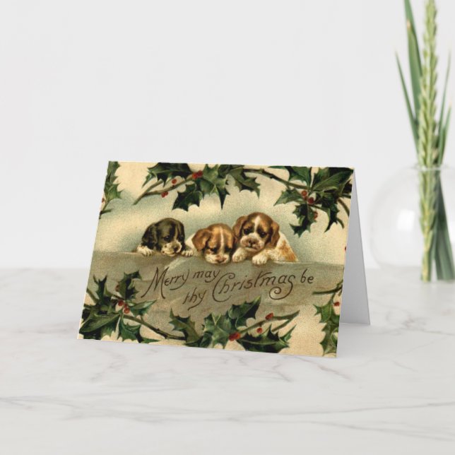 Tarjetas de Navidad de Cachorros con Acebo (Anverso)