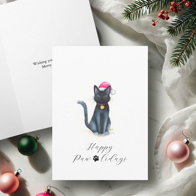 Tarjetas de Navidad de Gato Negro Adorable (Black cat Christmas cards watercolor art by Victoria Grigaliunas of Do Tell A Belle)