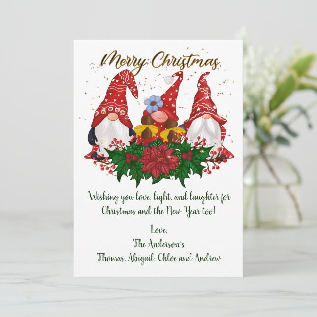 Tarjetas de Navidad de Gnomos de Navidad Poinsetti (Anverso de pie)