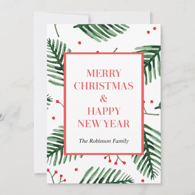 Tarjetas de Navidad de hoja perenne, Feliz Año Nue (Anverso)