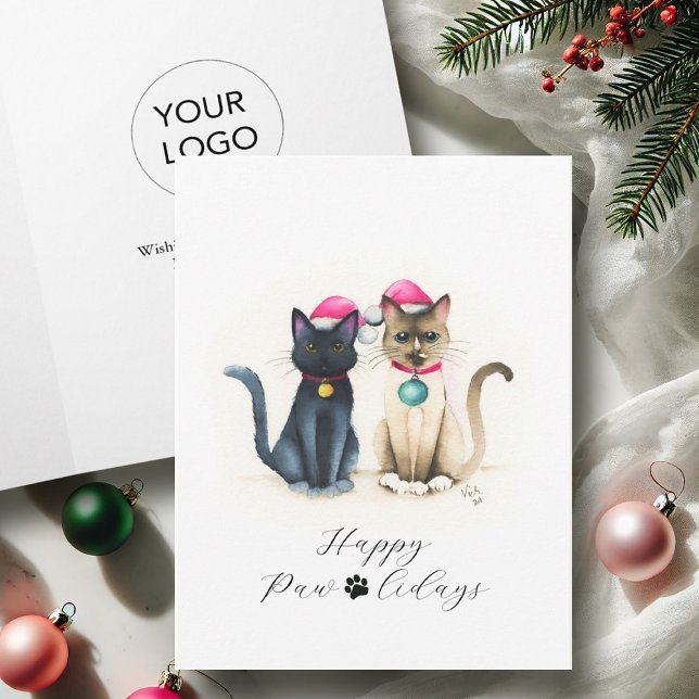 Tarjetas de Navidad de negocios con el amante del  (Business Christmas cards with logo watercolor cats by Victoria Grigaliunas of Do Tell A Belle)