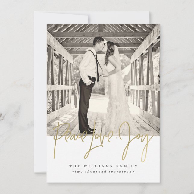 Tarjetas de Navidad de Paz Amor Alegría Dorado (Anverso)