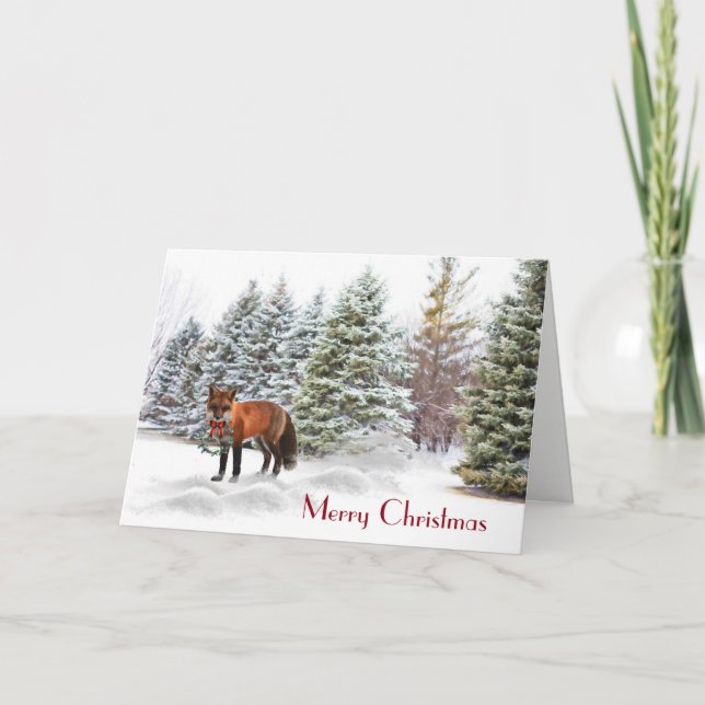 Tarjetas de Navidad de pinos nevados con zorro (Anverso)