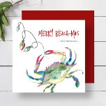 Tarjetas de Navidad de playa acuarela Crab azul<br><div class="desc">Estas tarjetas de Navidades de playa cuentan con un cangrejo azul acuático único con luces de vacaciones. Las palabras "Merry Beach-mas" están fijadas en una tipografía de escritura divertida. Utilice los campos de plantilla para agregar su saludo personalizado. Solicite tarjetas de Navidad imprimibles, pedidos pequeños o tarjetas de Navidad masivo...</div>