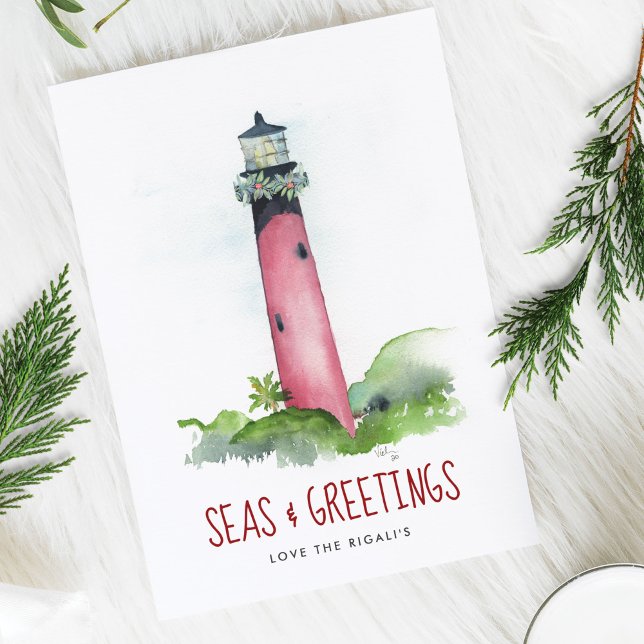 Tarjetas de Navidad de Playa Acuarela Faro (Beach Christmas Card Watercolor Lighthouse Florida holiday art by Victoria Grigaliunas)
