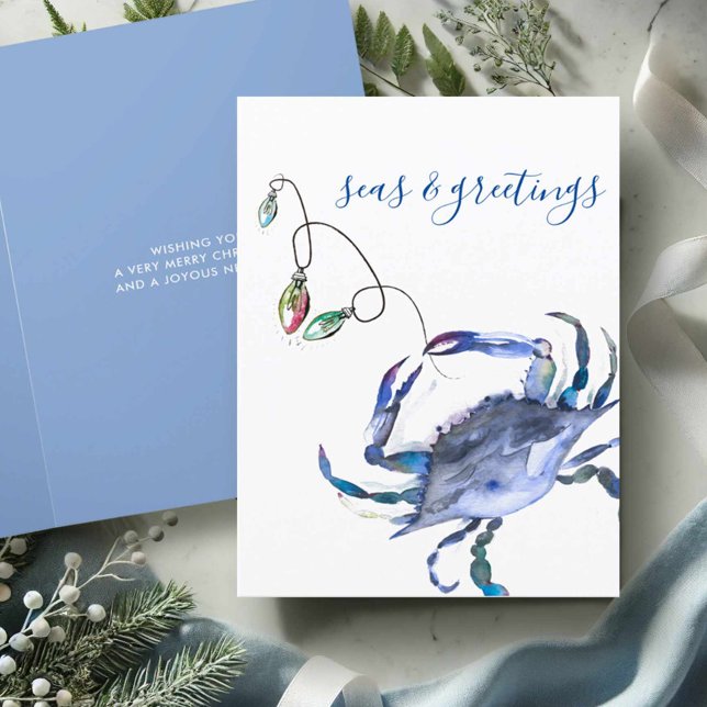 Tarjetas de Navidad de Playa Cangrejo Acuarela Azu (Watercolor Christmas cards beach theme blue crab art by Victoria Grigaliunas of Do Tell A Belle)
