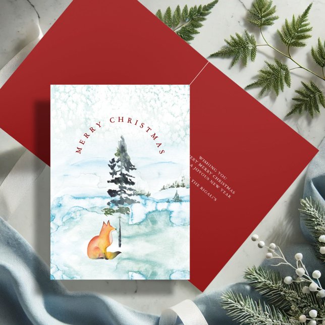 Tarjetas de Navidad de Zorro con Acuarela Adorable (Watercolor Christmas cards winter fox and tree art by Victoria Grigaliunas Do Tell A Belle)