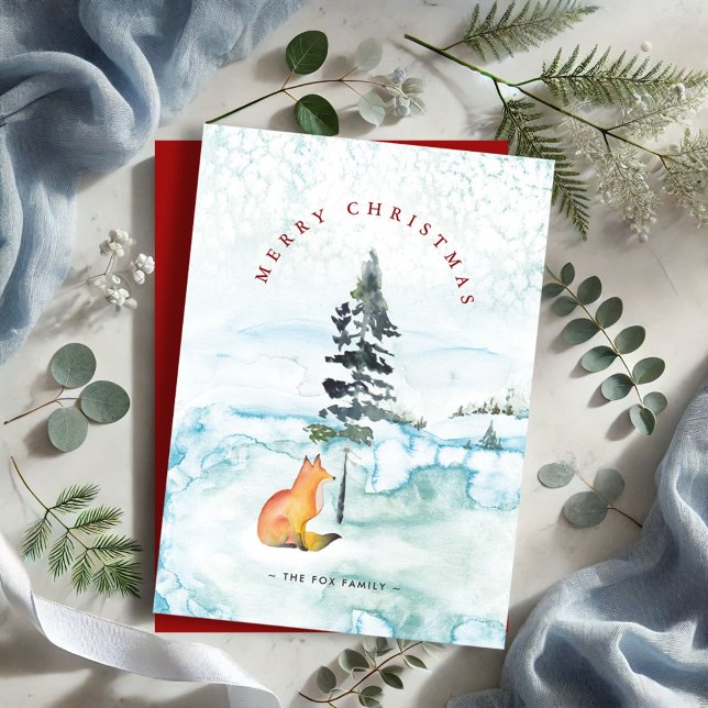 Tarjetas de Navidad de Zorro con Acuarela Adorable (Watercolor fox Christmas tree cards winter scene )