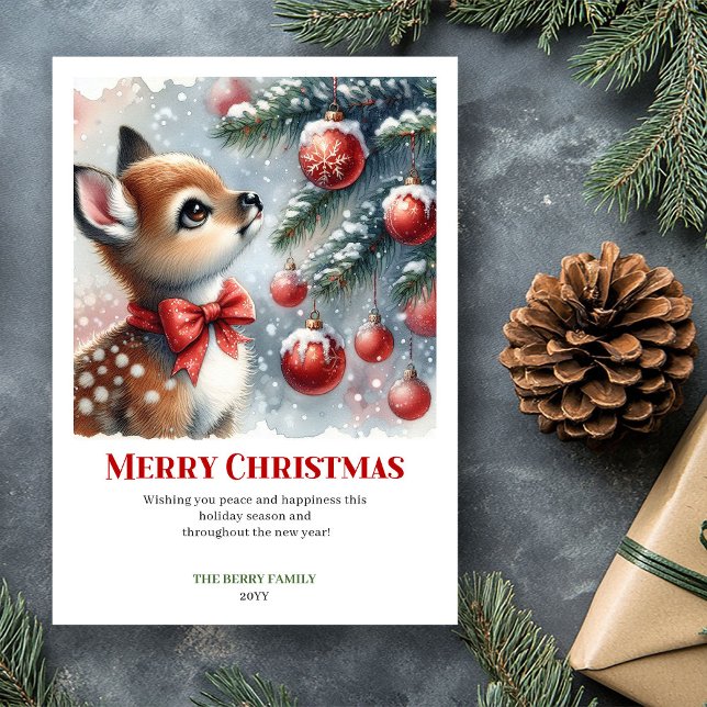 Tarjetas de Navidad del bosque nevado con acuarela (Cozy Fawn Watercolor Snowy Forest Christmas Cards)