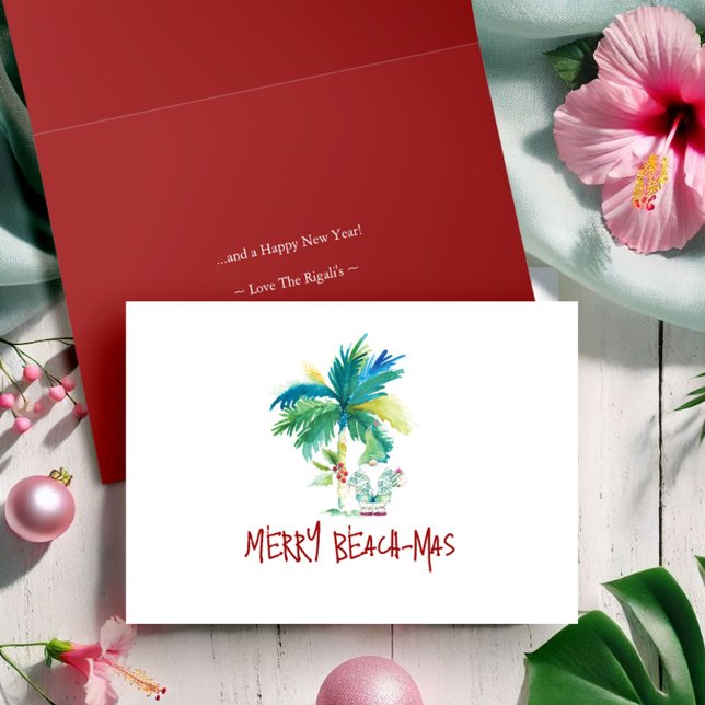 Tarjetas de Navidad dobladas de playa tropical en  (Tropical beach folded Christmas cards palm tree and Santa art Victoria Grigaliunas beachmas)
