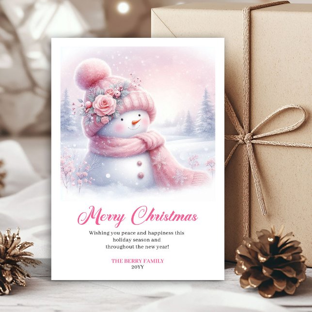 Tarjetas de Navidad editables para niños con muñec (Elegant Pink Snowman Editable Kids Christmas Greeting Card

)