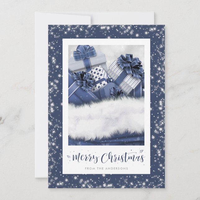 Tarjetas de Navidad Elegantes Regalos Azules Nieve (Anverso)