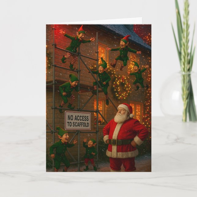 Tarjetas de Navidad Elfos jugando en andamios  (Anverso)