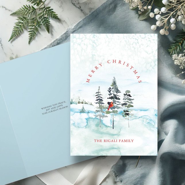 Tarjetas de navidad en un bosque de color nevado (non-photo folded Merry Christmas cards watercolor winter forest blue)