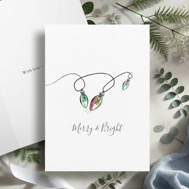 Tarjetas de Navidad Minimalistas Modernas (Watercolor Christmas cards Merry and Bright holiday lights. )