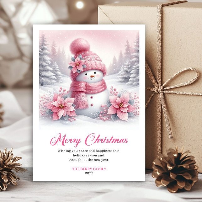Tarjetas de Navidad modernas de muñeco de nieve ro (Modern Pink Snowman Kids Download Christmas Greeting Card

)